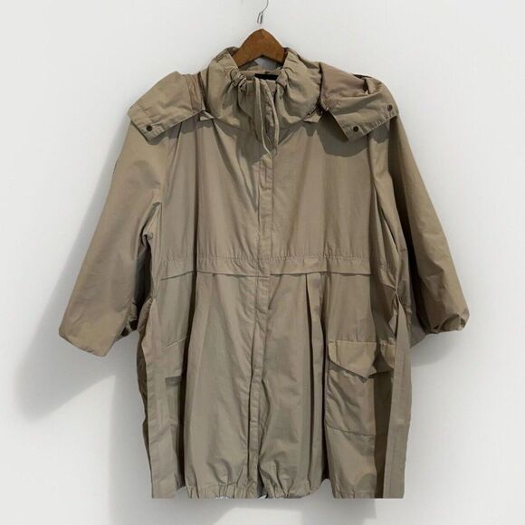 Womens Raincoat Rain Jacket Tan Hood Drawstring Waist Two Way Zipper Size XL - Picture 1 of 16